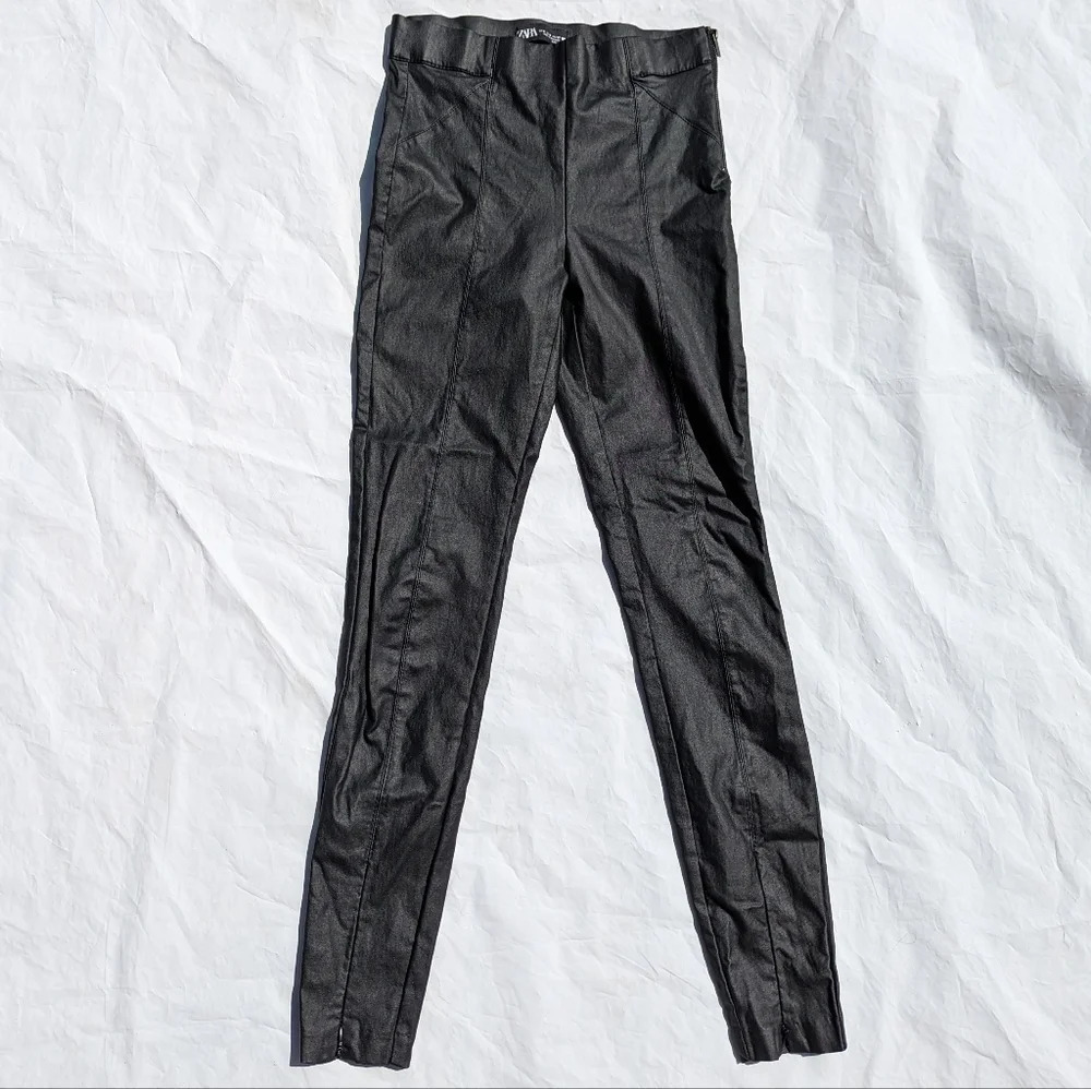 Zara Vegan Leather Black Pants with Zip Up Front Ankles - Size Small